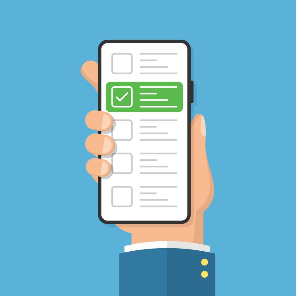 icono de encuesta de formulario en línea en estilo plano. Ilustración de vector de cuestionario móvil sobre fondo aislado. lista de verificación en el concepto de negocio de signo de pantalla de teléfono.