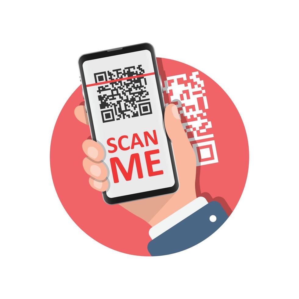 QR code scan illustration in flat style. Mobile phone scanning vector illustration on isolated background. Barcode reader in hand sign business concept.