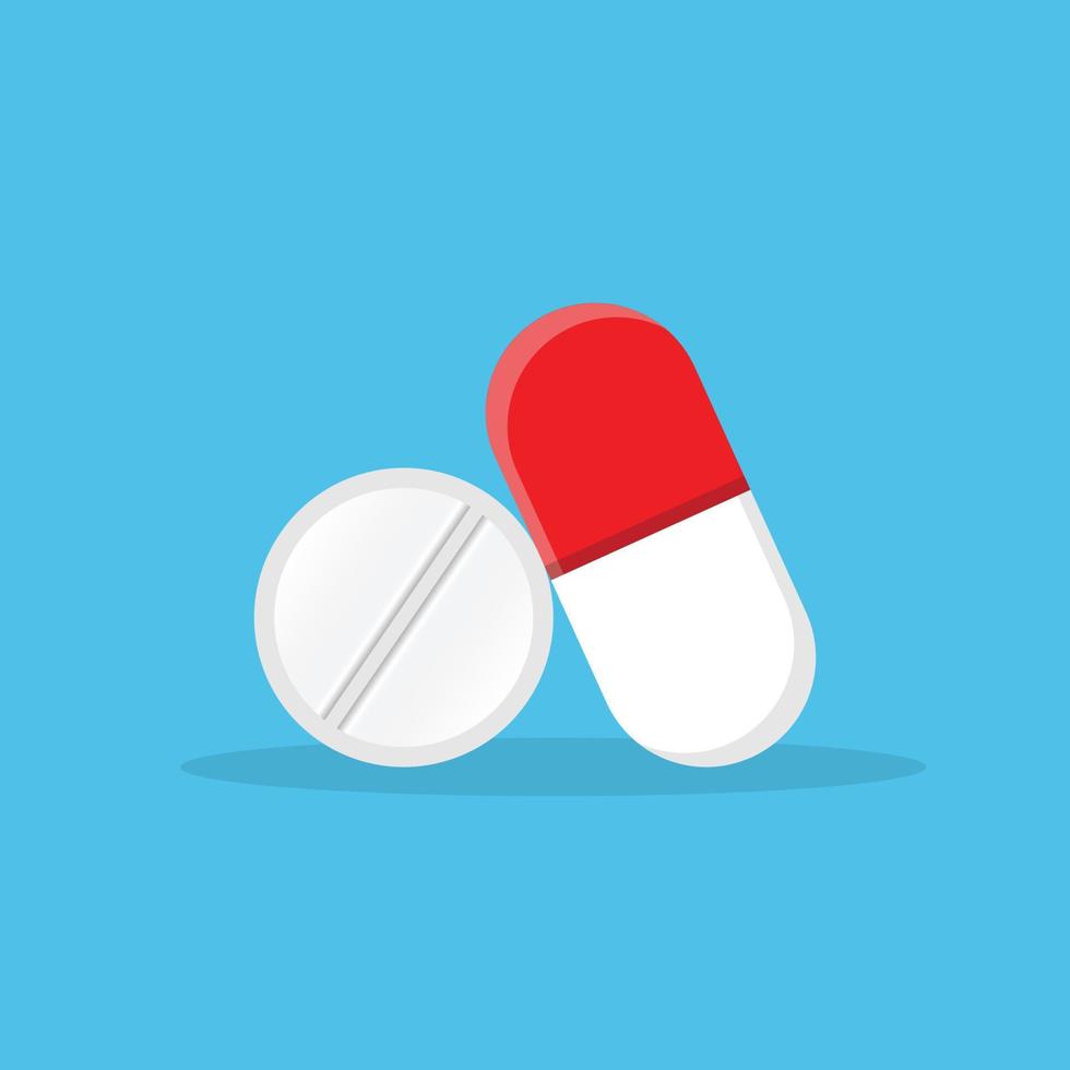 icono de píldora en estilo plano. cápsulas médicas ilustración vectorial sobre fondo azul aislado. concepto de negocio de signo de farmacia. vector