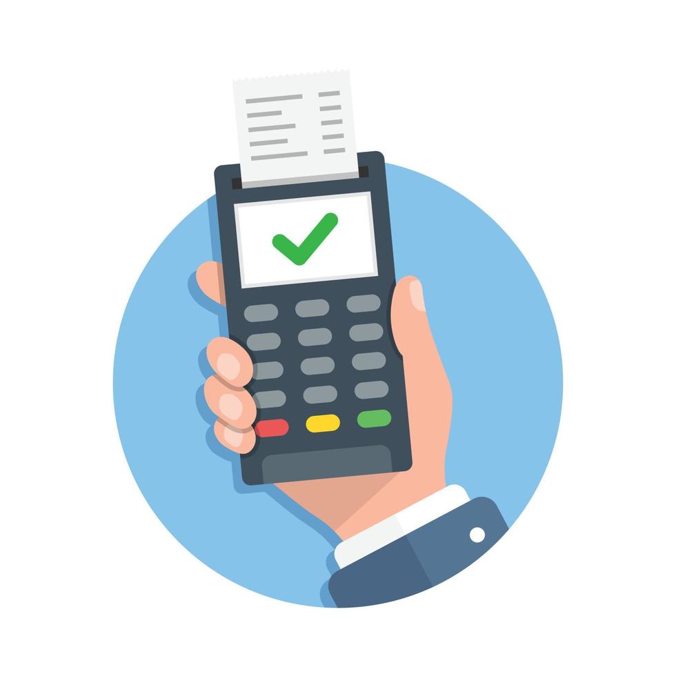 Male hand holding POS payment machine icon in flat style. Online payment vector illustration on isolated background. Banking transaction sign business concept.