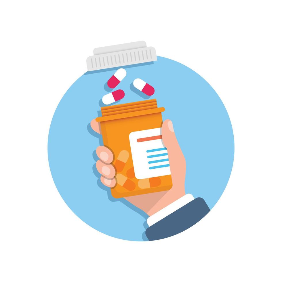 Pill bottle in hand illustration in flat style. Medical capsules vector illustration on white isolated background. Pharmacy sign business concept.