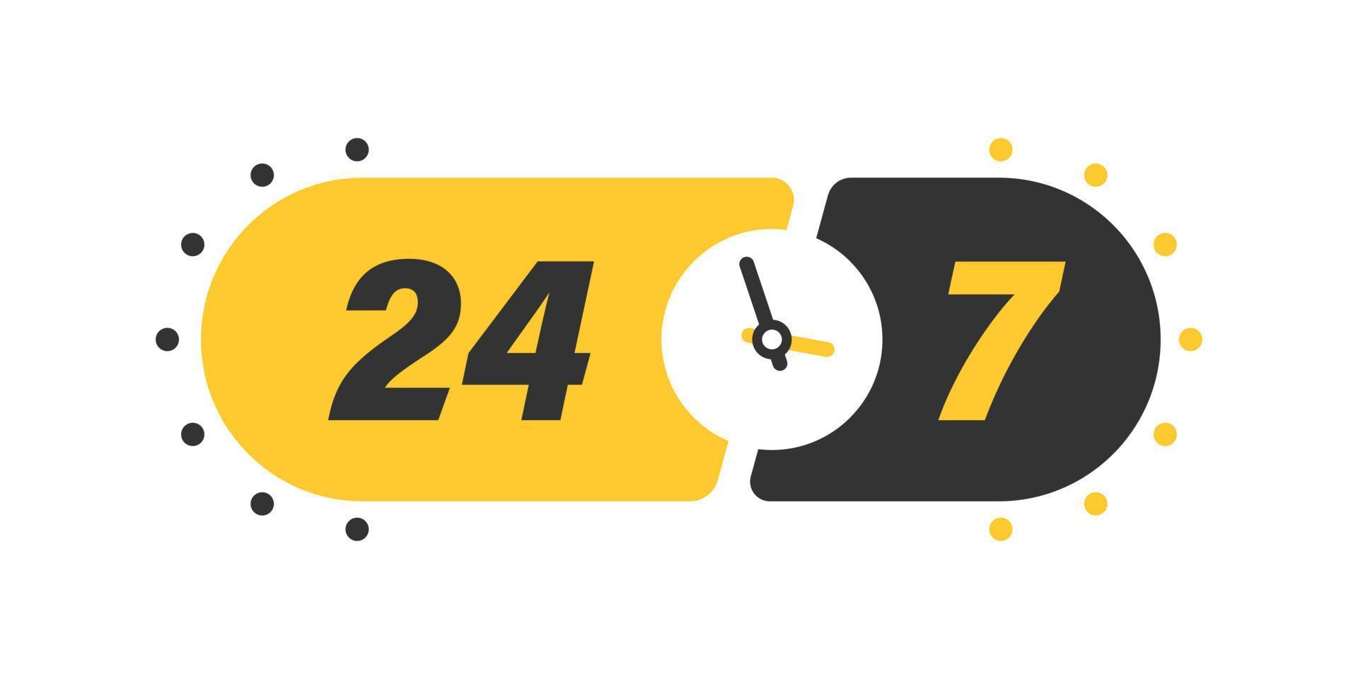 24 7 hours service icon in flat style. All day business and service vector illustration on isolated background. Quick service time sign business concept.