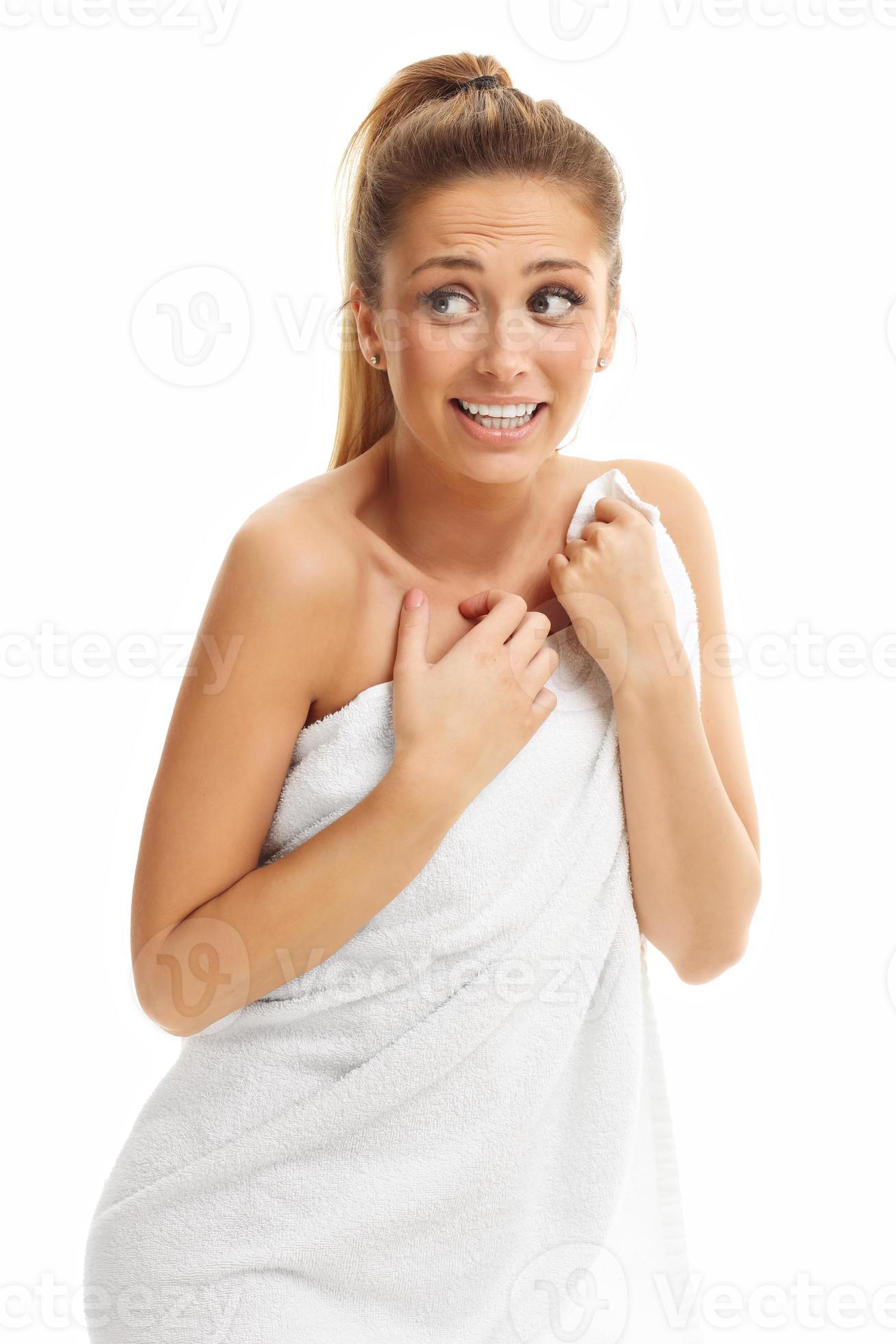 Beautiful woman with towel after bath isolated on white background