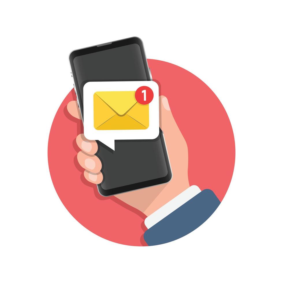 Hand holding smartphone icon in flat style. Incoming message vector illustration on isolated background. Email notification sign business concept.