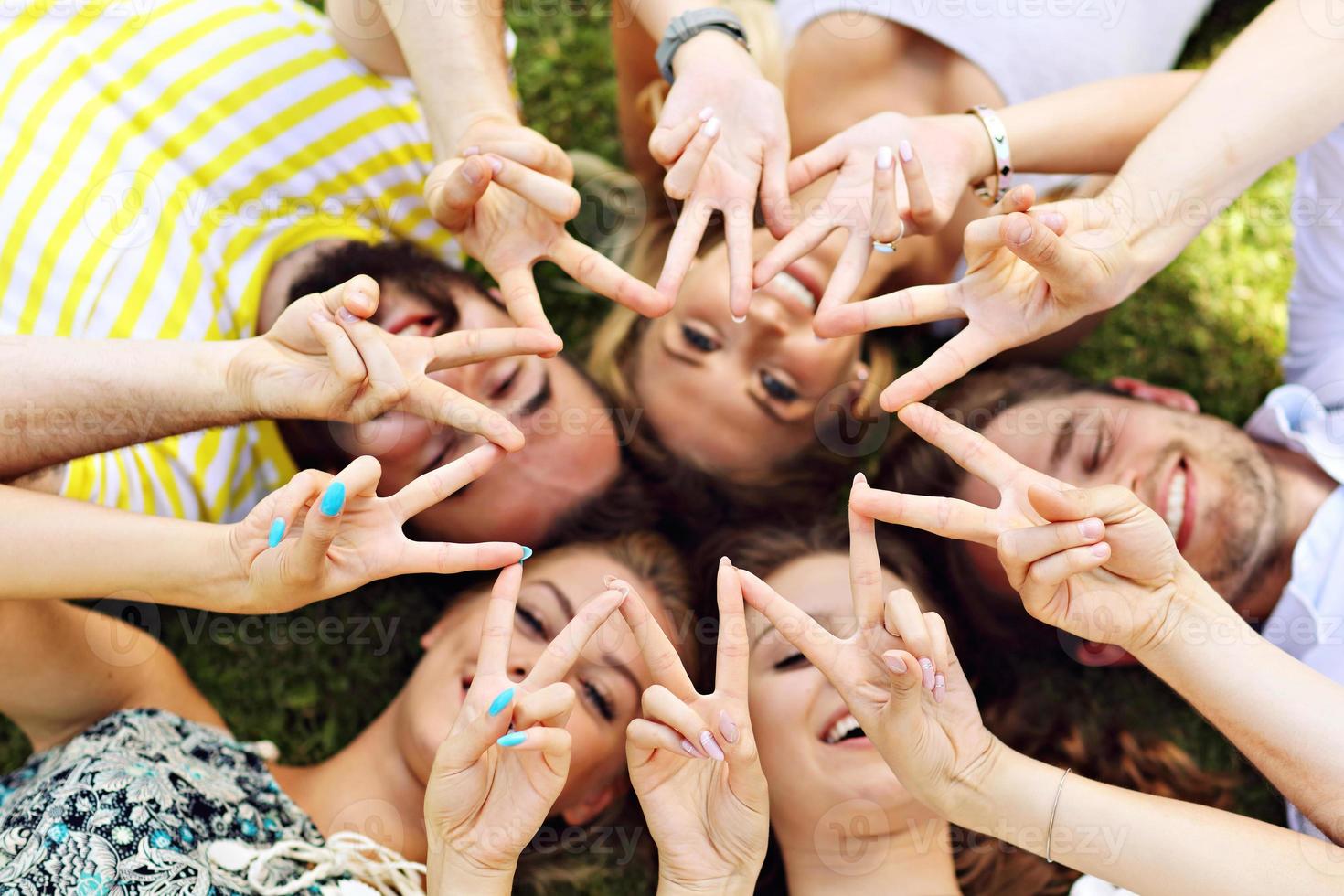 grupo de amigos divirtiéndose juntos en el césped foto