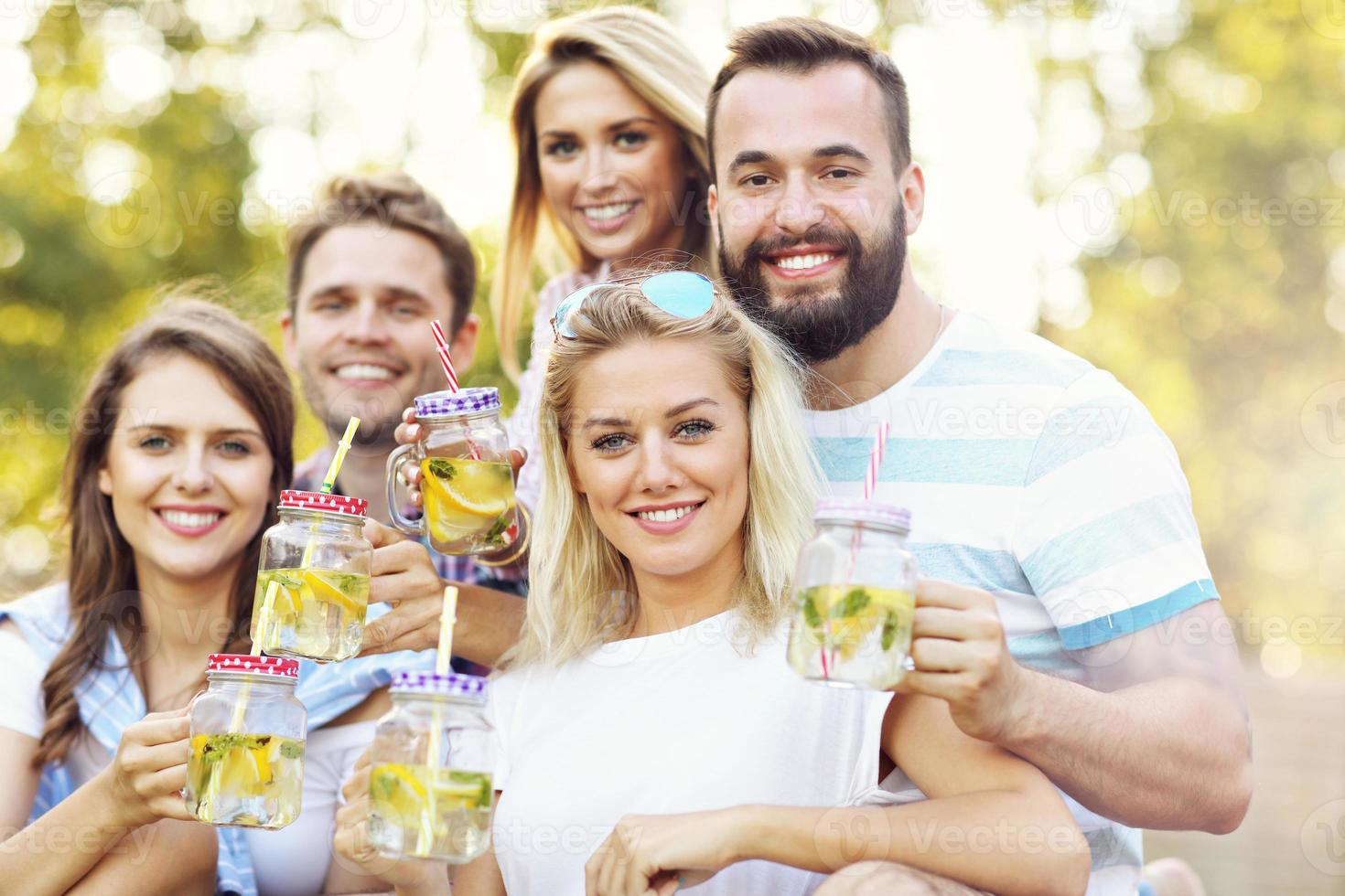 Friends having barbecue party in backyard photo