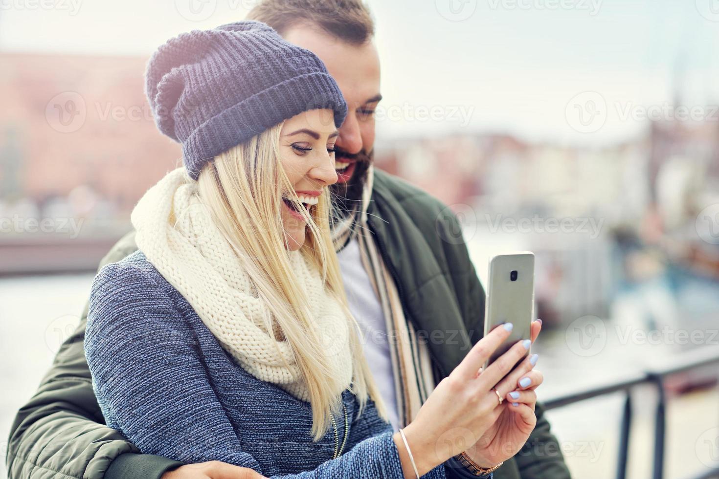 Picture showing happy young couple dating in the city photo