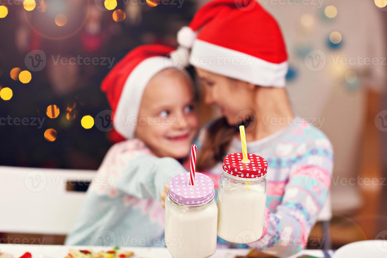 Happy little sisters preparing Christmas biscuits photo