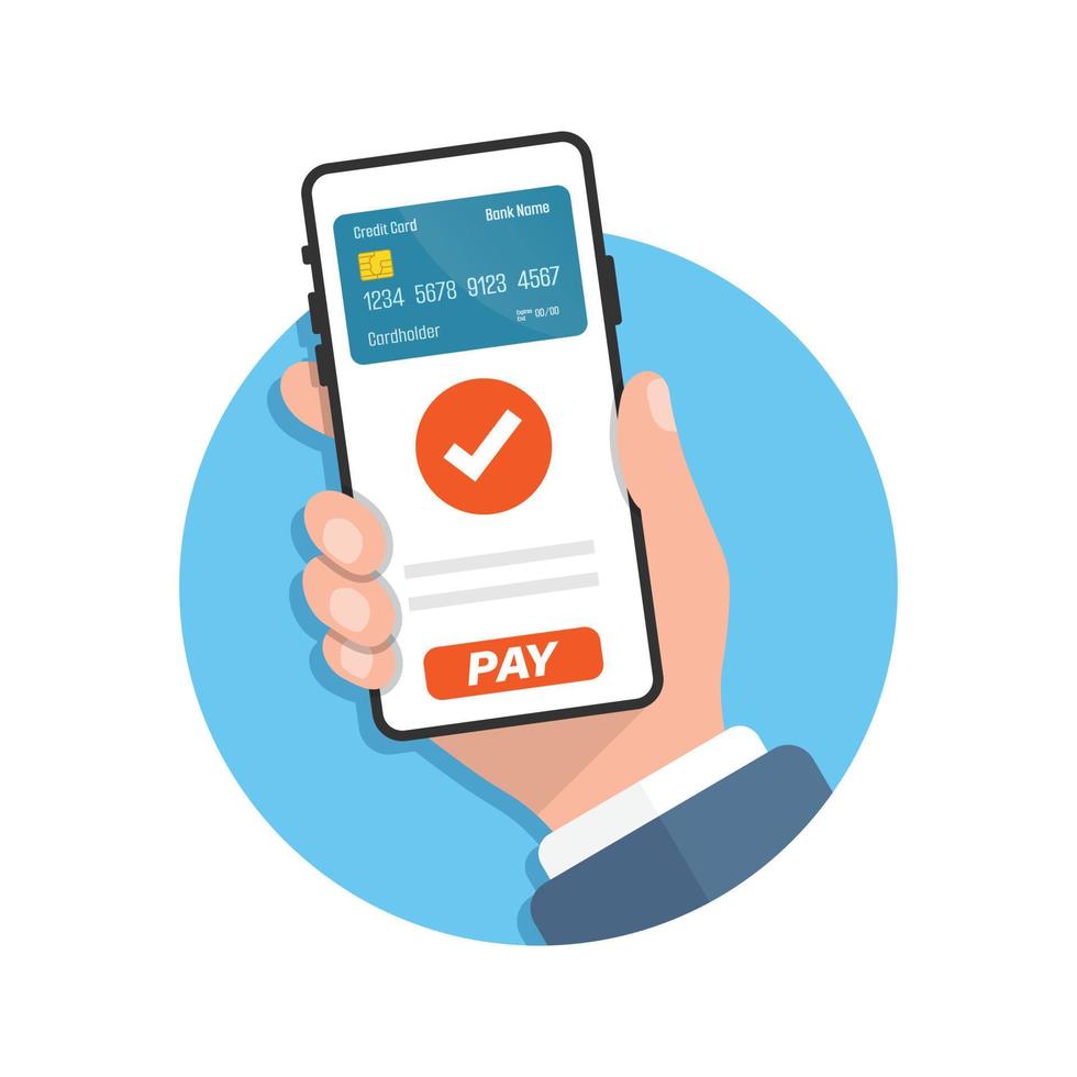 Mobile payment in hand illustration in flat style. Online shopping vector illustration on isolated background. NFC pay sign business concept.