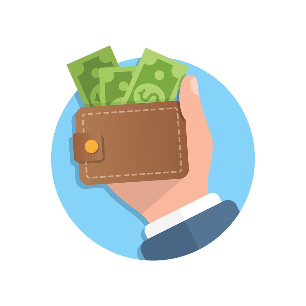 Wallet with money in hand illustration in flat style. Online payment vector illustration on isolated background. Cash and purse sign business concept.