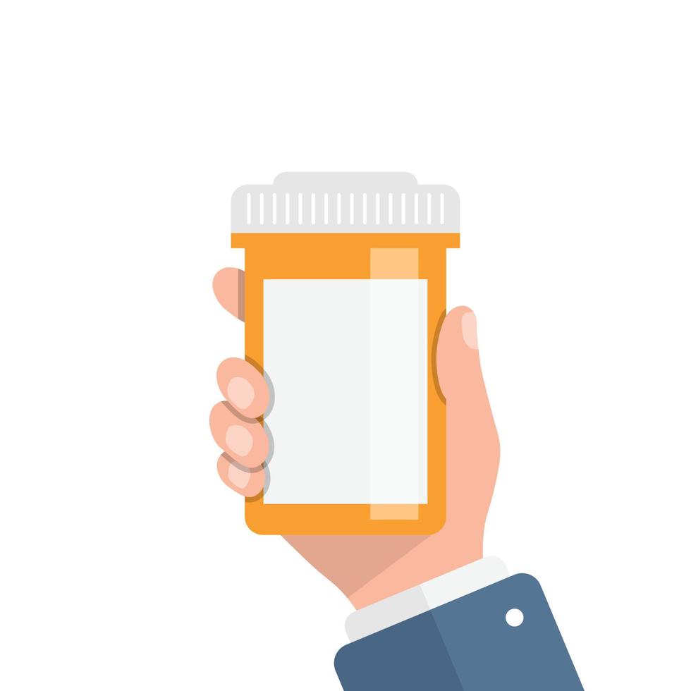 Pill bottle in hand illustration in flat style. Medical capsules vector illustration on white isolated background. Pharmacy sign business concept.