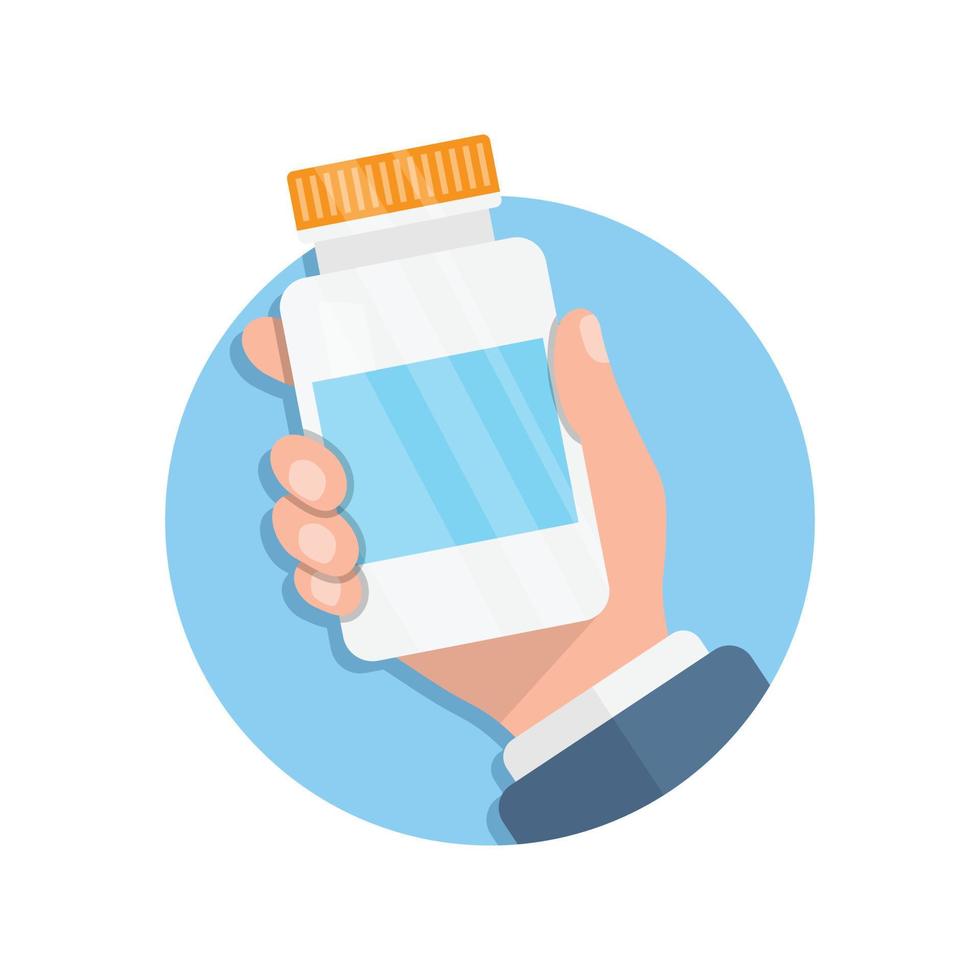 Pill bottle in hand illustration in flat style. Medical capsules vector illustration on white isolated background. Pharmacy sign business concept.