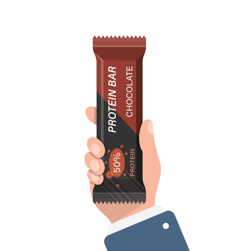 Protein bar in hand illustration in flat style. Fitness dessert vector illustration on isolated background. Energy nutrient sign business concept.