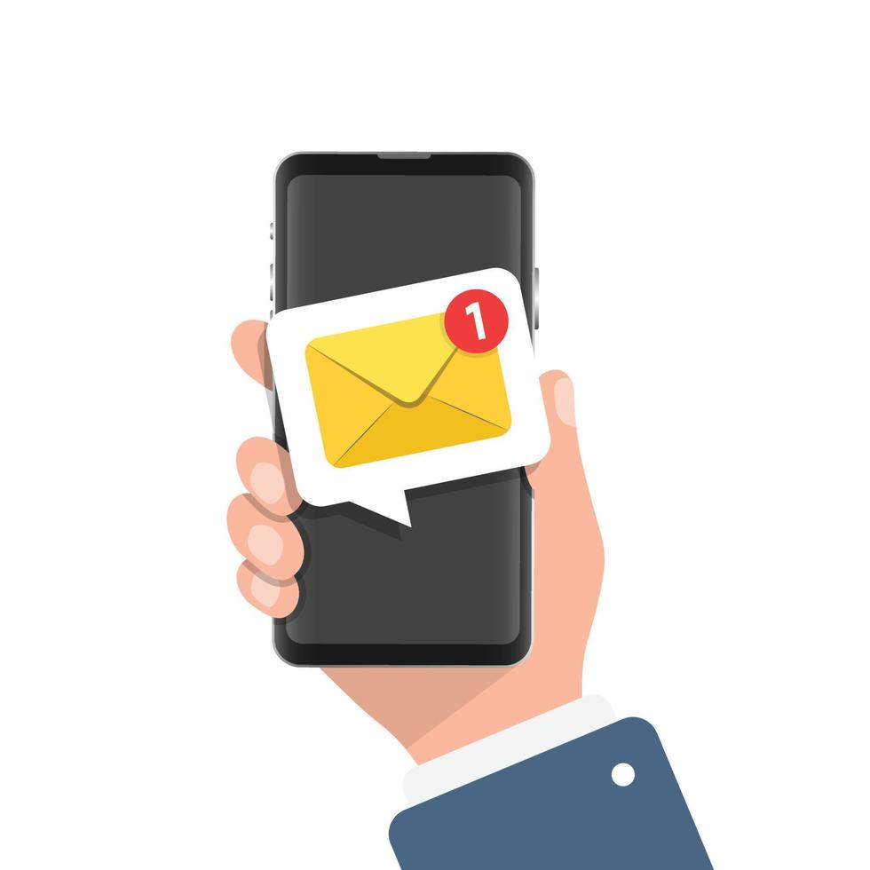 Hand holding smartphone icon in flat style. Incoming message vector illustration on isolated background. Email notification sign business concept.