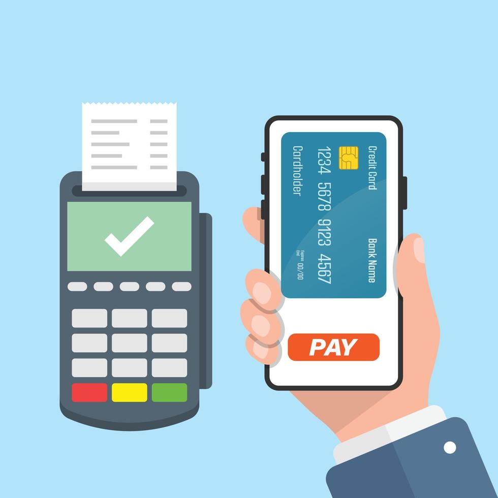 Mobile payment in hand illustration in flat style. Online shopping vector illustration on isolated background. NFC pay sign business concept.