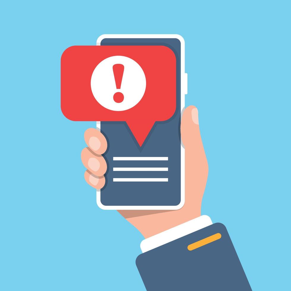 Phone notifications icon in flat style. Smartphone with exclamation point in hand vector illustration on isolated background. Spam message sign business concept.
