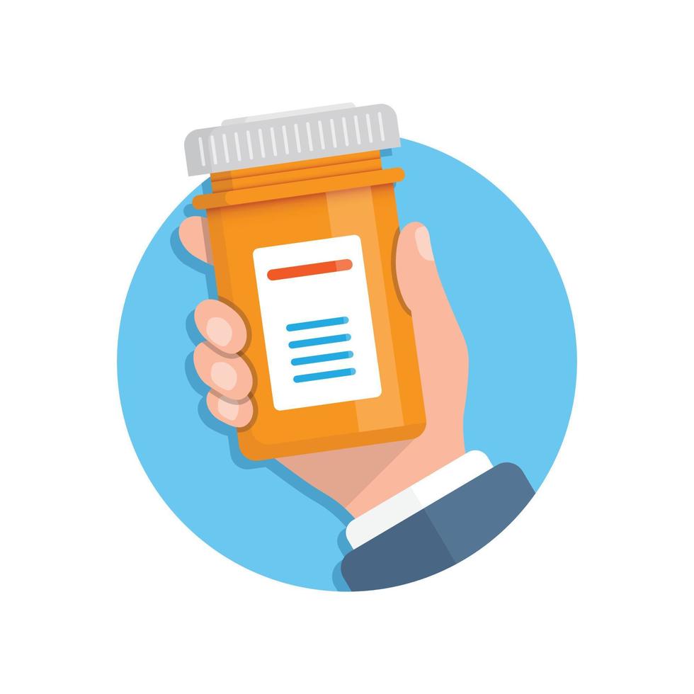 Pill bottle in hand illustration in flat style. Medical capsules vector illustration on white isolated background. Pharmacy sign business concept.