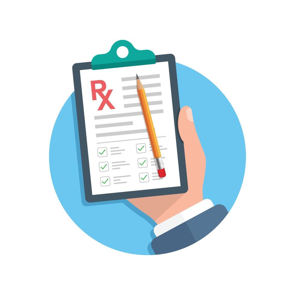 Medical prescription pad in hand illustration in flat style. Rx form vector illustration on isolated background. Doctor document sign business concept.
