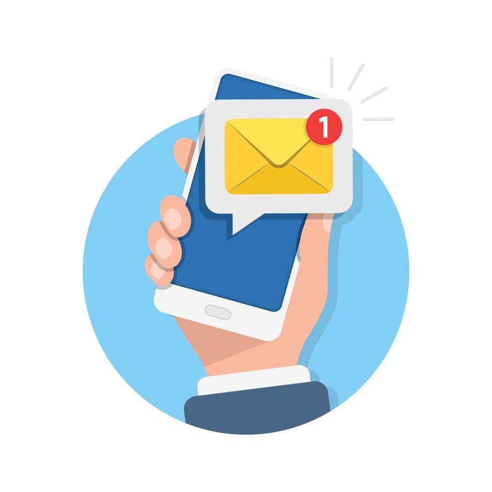 Hand holding smartphone icon in flat style. Incoming message vector illustration on isolated background. Email notification sign business concept.