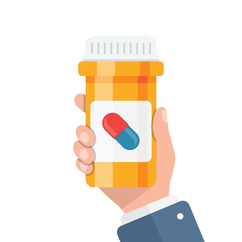 Pill bottle in hand illustration in flat style. Medical capsules vector illustration on white isolated background. Pharmacy sign business concept.