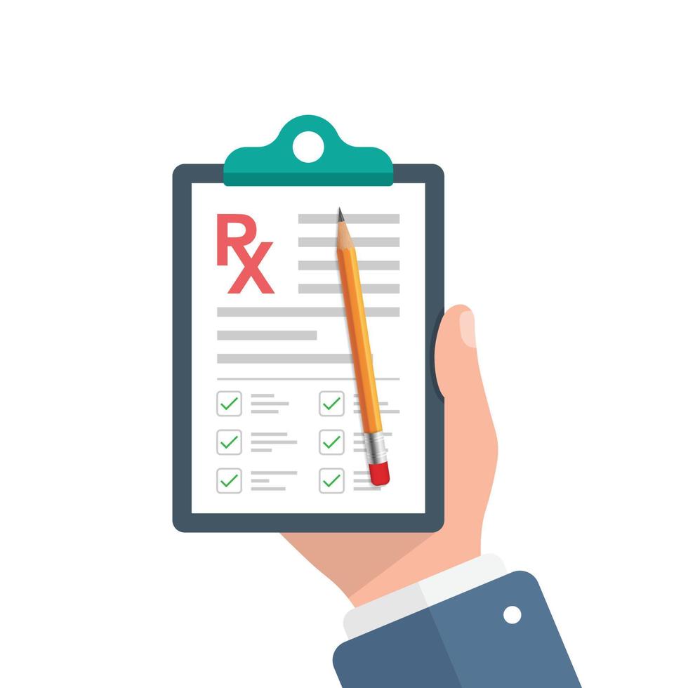 talonario de recetas médicas en la ilustración de la mano en estilo plano. rx forma ilustración vectorial sobre fondo aislado. concepto de negocio de signo de documento médico. vector