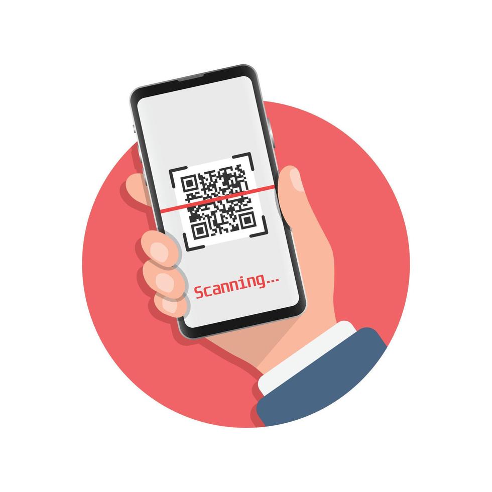 QR code scan illustration in flat style. Mobile phone scanning vector illustration on isolated background. Barcode reader in hand sign business concept.