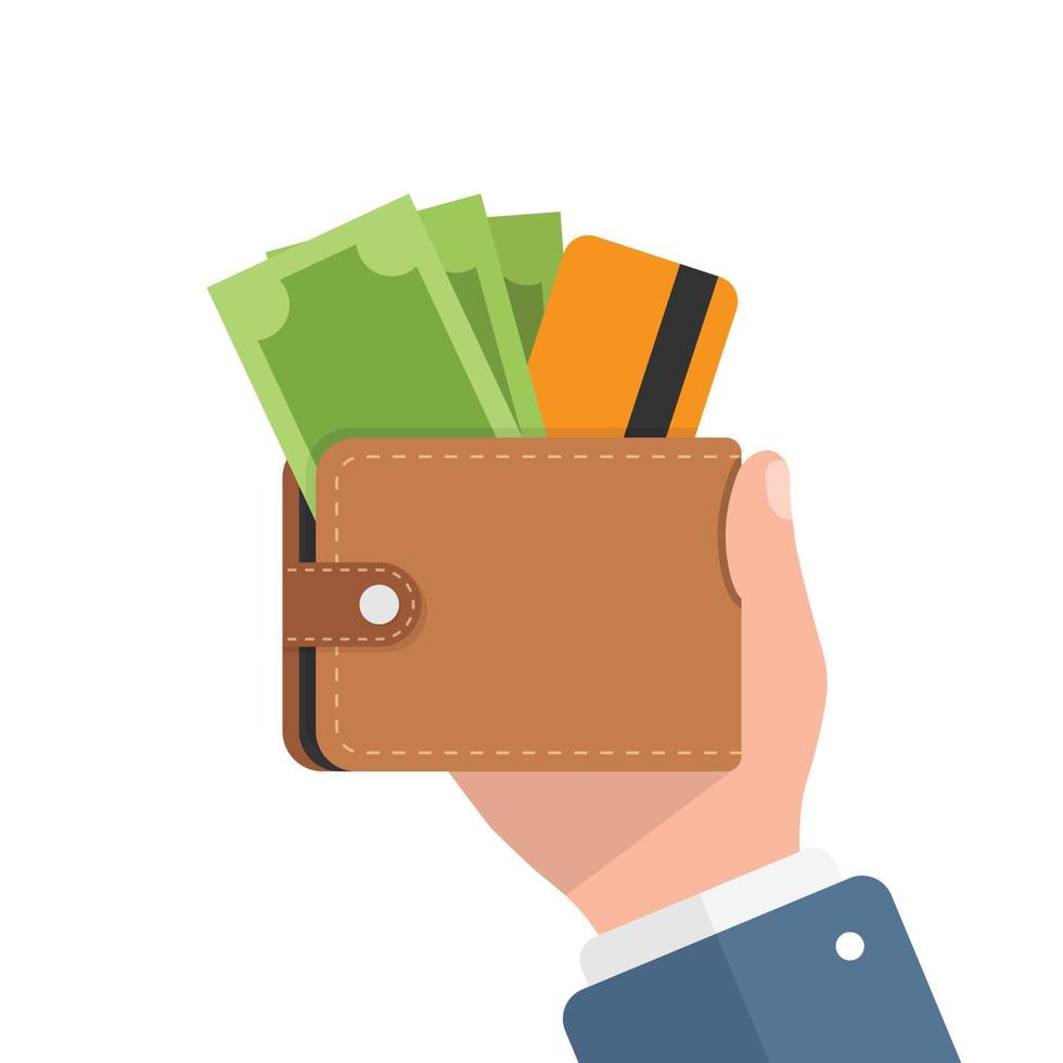 Wallet with money in hand illustration in flat style. Online payment vector illustration on isolated background. Cash and purse sign business concept.