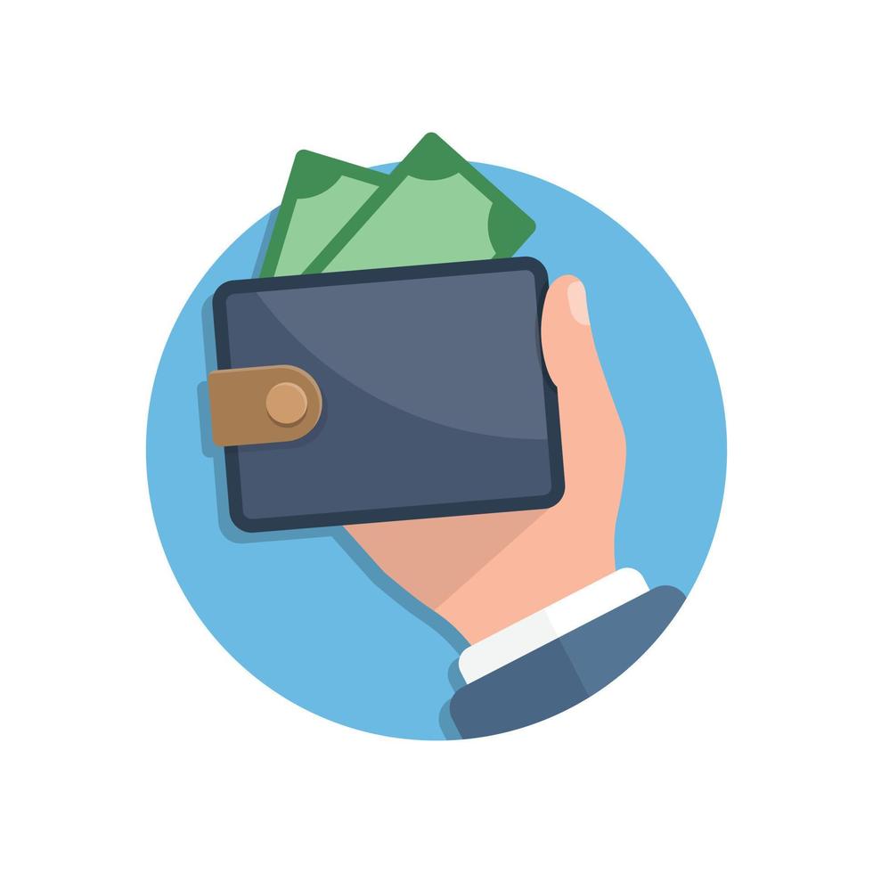 Wallet with money in hand illustration in flat style. Online payment vector illustration on isolated background. Cash and purse sign business concept.