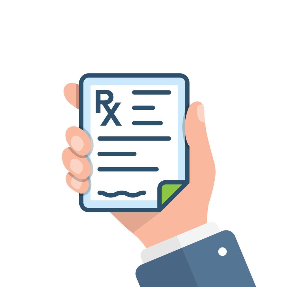 Medical prescription pad in hand illustration in flat style. Rx form vector illustration on isolated background. Doctor document sign business concept.