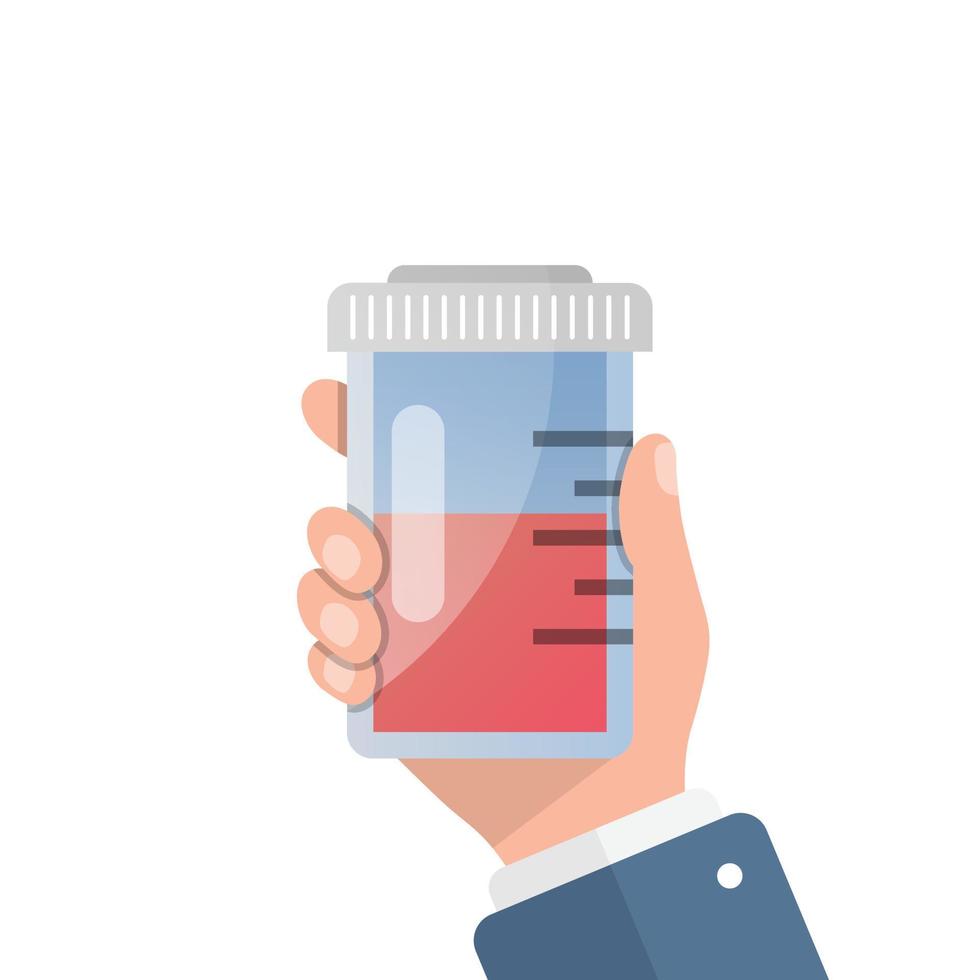 Pill bottle in hand illustration in flat style. Medical capsules vector illustration on white isolated background. Pharmacy sign business concept.