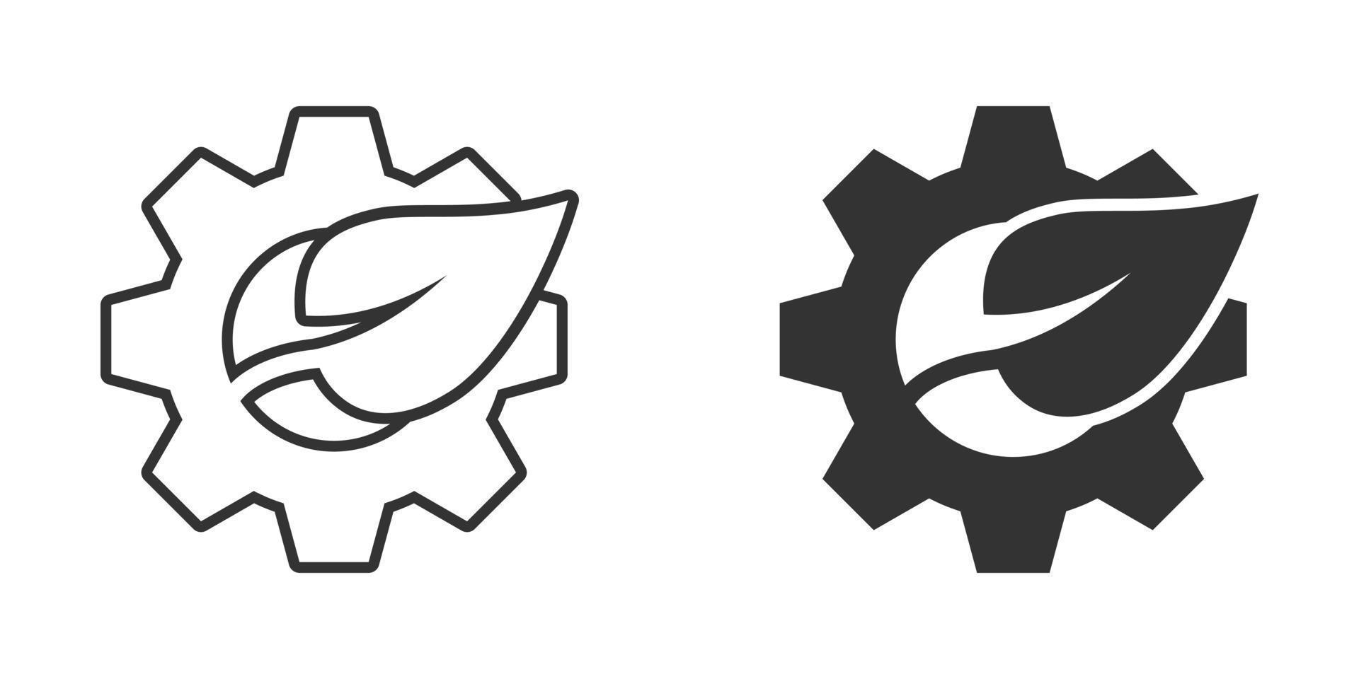 icono de hoja y engranaje en estilo plano. Cog con ilustración de vector de planta sobre fondo blanco aislado. concepto de negocio de signo de máquina ecológica.