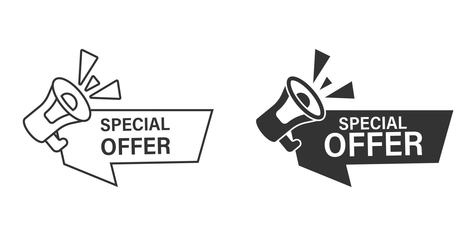 Special offer label icon in flat style. Megaphone with discount vector illustration on isolated background. Sale sign business concept.