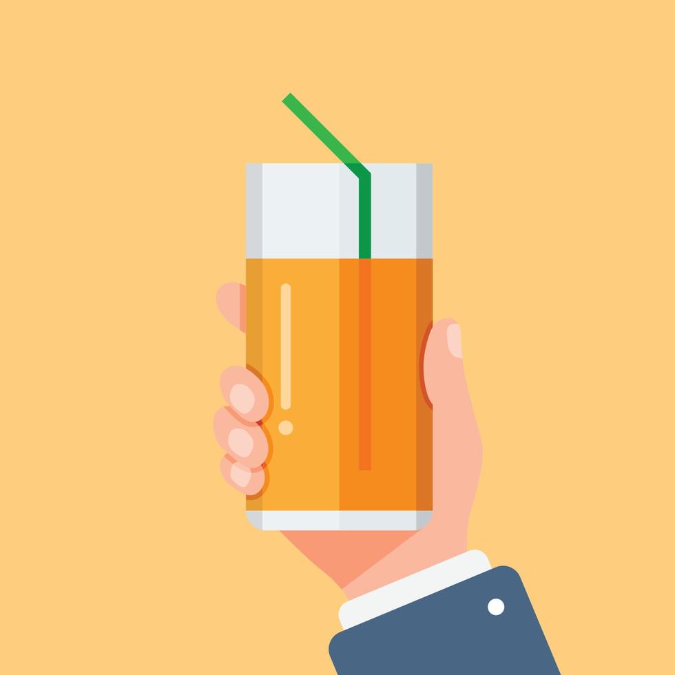 Orange juice in hand icon in flat style. Fruit beverage vector illustration on isolated background. Citrus drink sign business concept.
