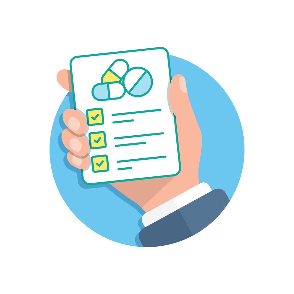 Medical prescription pad in hand illustration in flat style. Rx form vector illustration on isolated background. Doctor document sign business concept.