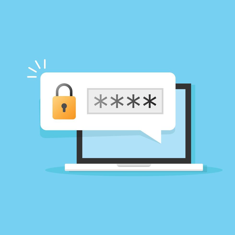 Laptop with password notification icon in flat style. Authentication vector illustration on isolated background. Login verification sign business concept.