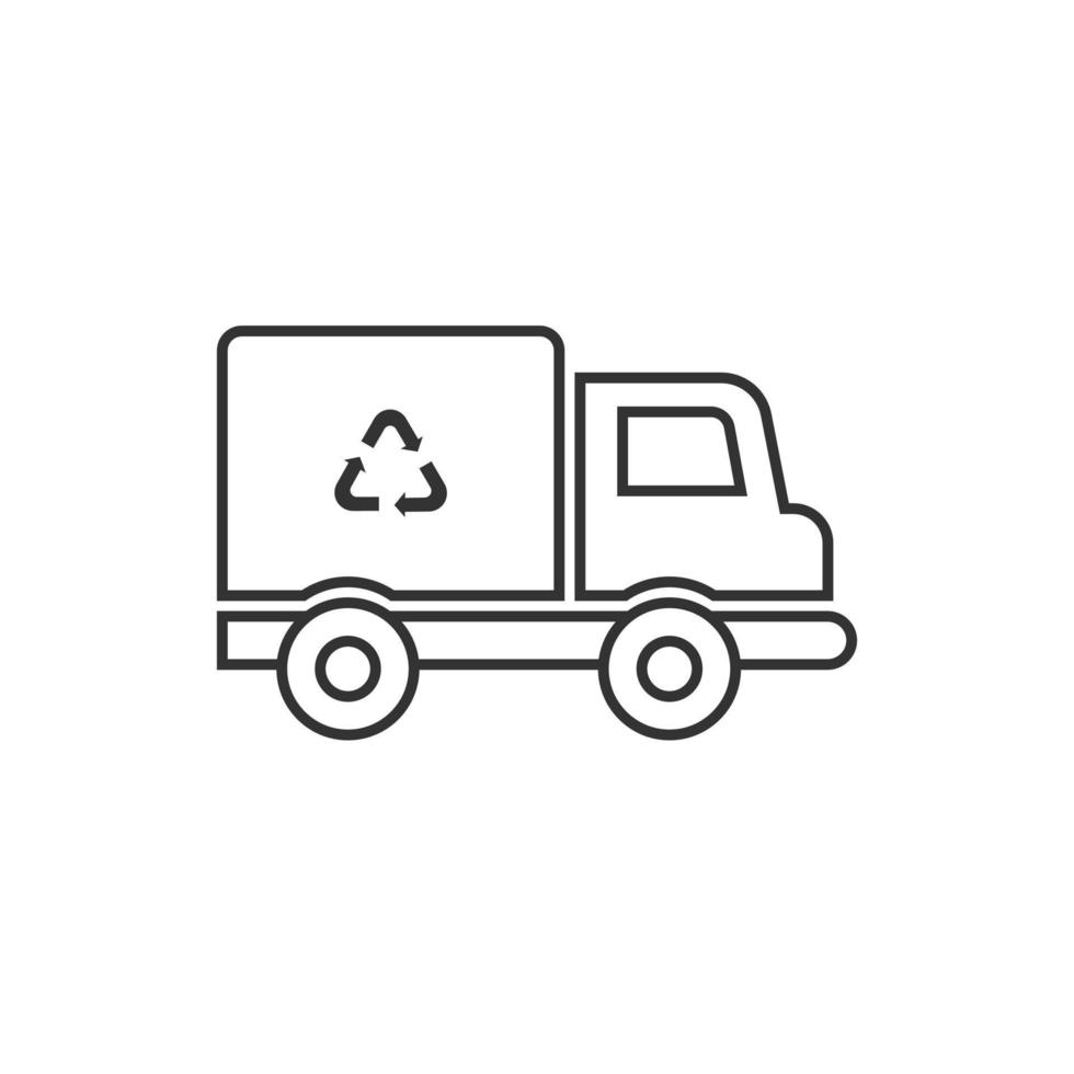 Garbage truck icon in flat style. Recycle vector illustration on white isolated background. Trash car sign business concept.