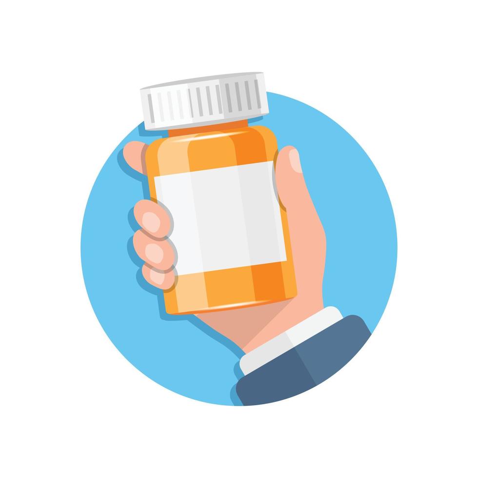 Pill bottle in hand illustration in flat style. Medical capsules vector illustration on white isolated background. Pharmacy sign business concept.