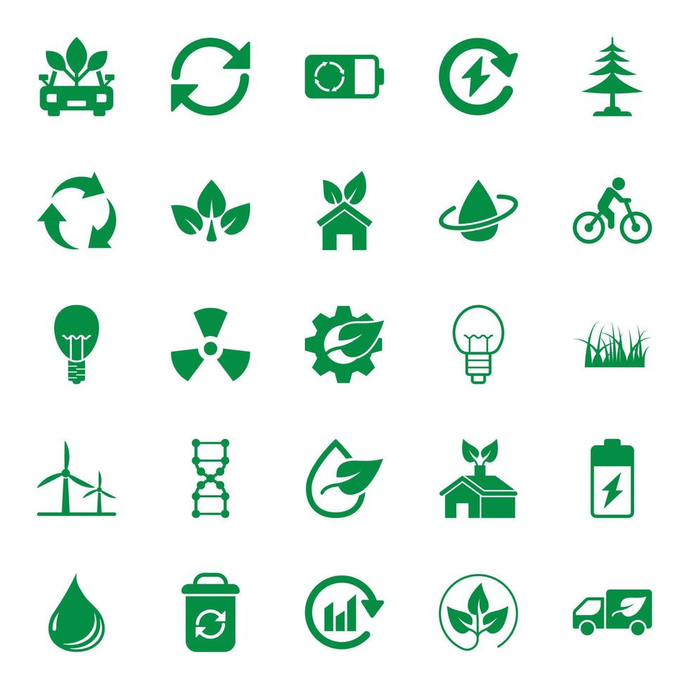 iconos de entorno ecológico establecidos en estilo plano. Ilustración de vector de ecología sobre fondo blanco aislado. concepto de negocio de signo bio emblema.