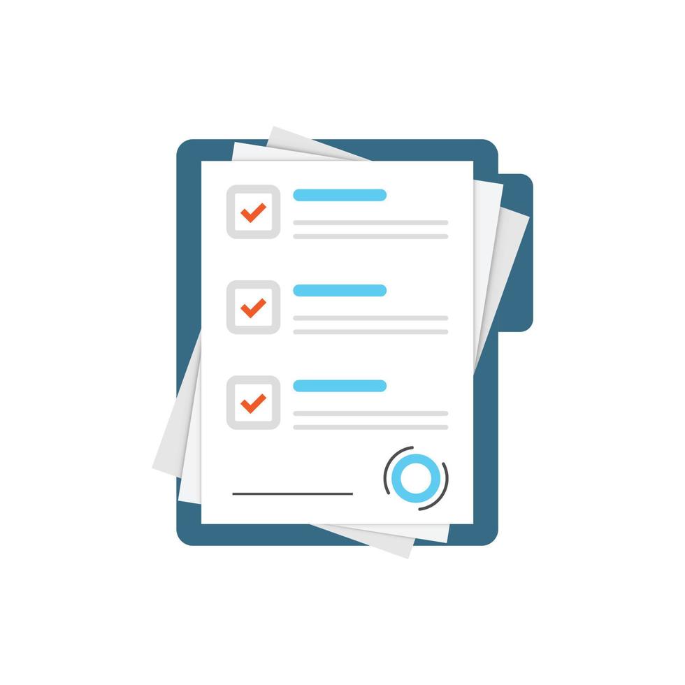 Contract document icon in flat style. Report with signature and approval stamp vector illustration on isolated background. Paper sheet sign business concept.
