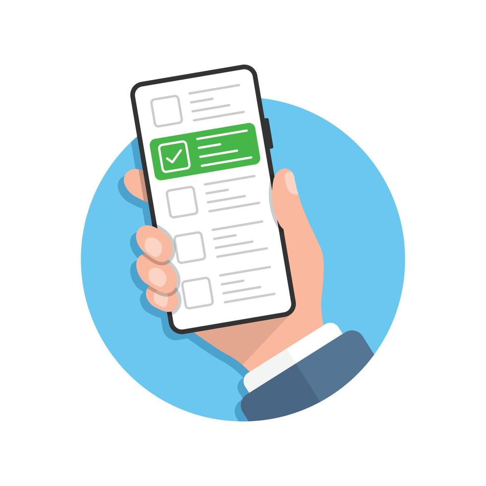 Online form survey in hand illustration in flat style. Mobile questionnaire vector illustration on isolated background. Checklist on phone screen sign business concept.