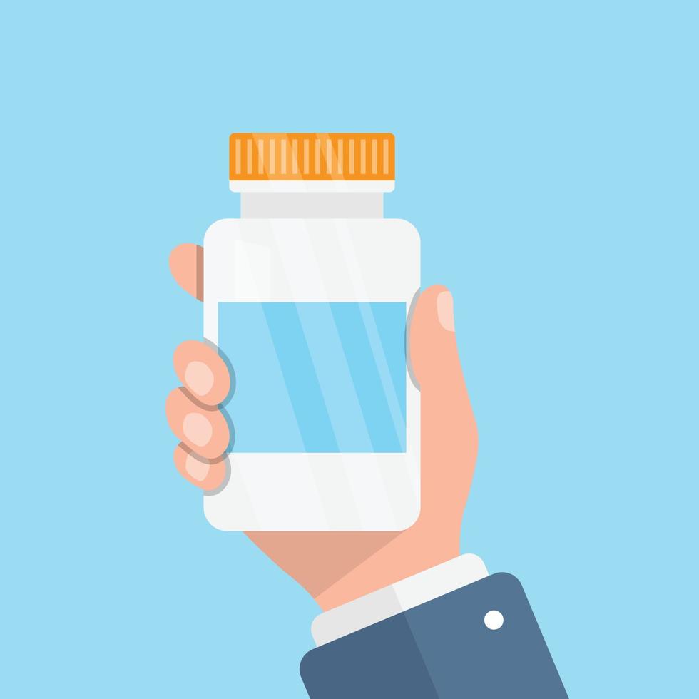 Pill bottle in hand illustration in flat style. Medical capsules vector illustration on white isolated background. Pharmacy sign business concept.