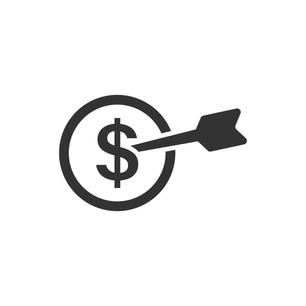 Darts target with dollar icon in flat style. Budget deposit vector illustration on isolated background. Strategy achievement sign business concept.