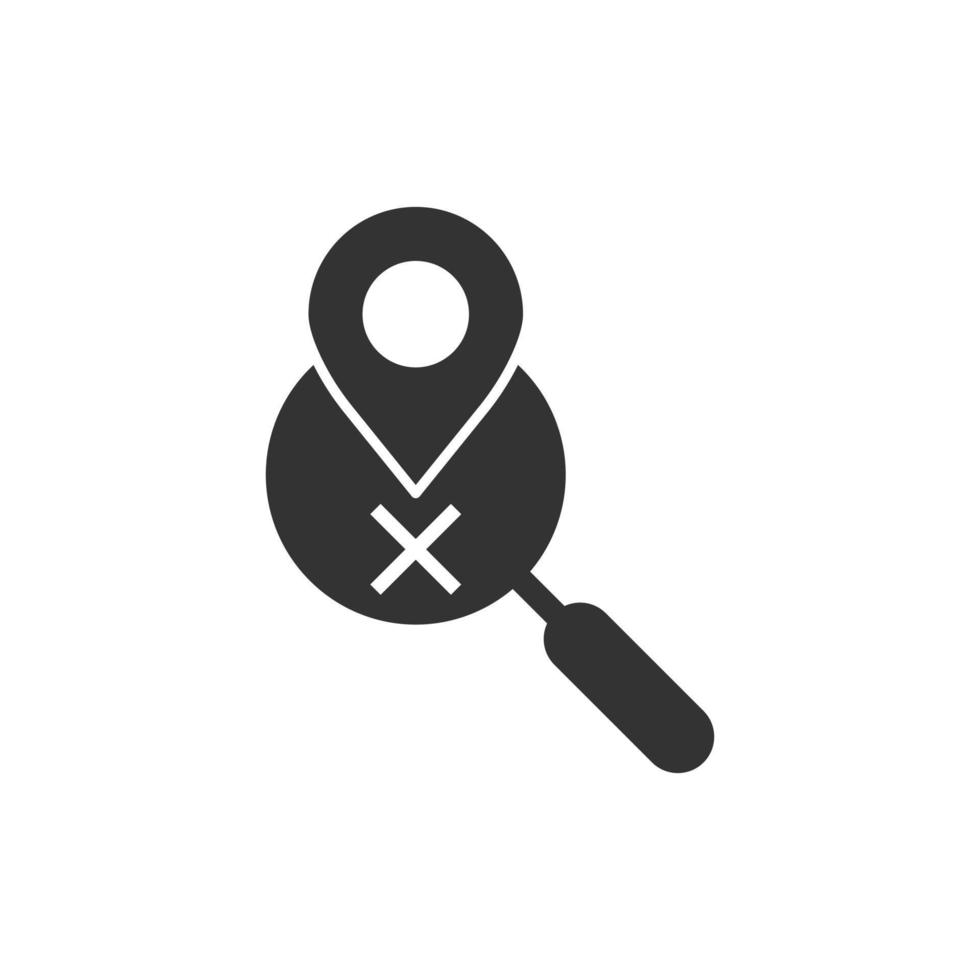Map pin with magnifier icon in flat style. Gps navigation vector illustration on white isolated background. Locate position business concept.