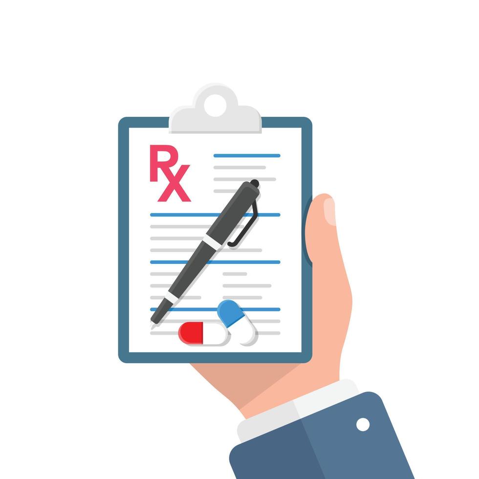 Medical prescription pad in hand illustration in flat style. Rx form vector illustration on isolated background. Doctor document sign business concept.