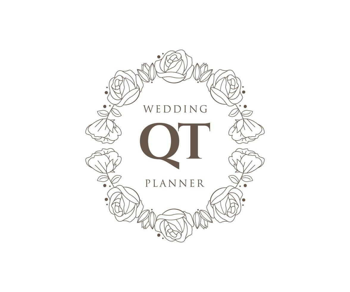 QT Initials letter Wedding monogram logos collection, hand drawn modern minimalistic and floral templates for Invitation cards, Save the Date, elegant identity for restaurant, boutique, cafe in vector