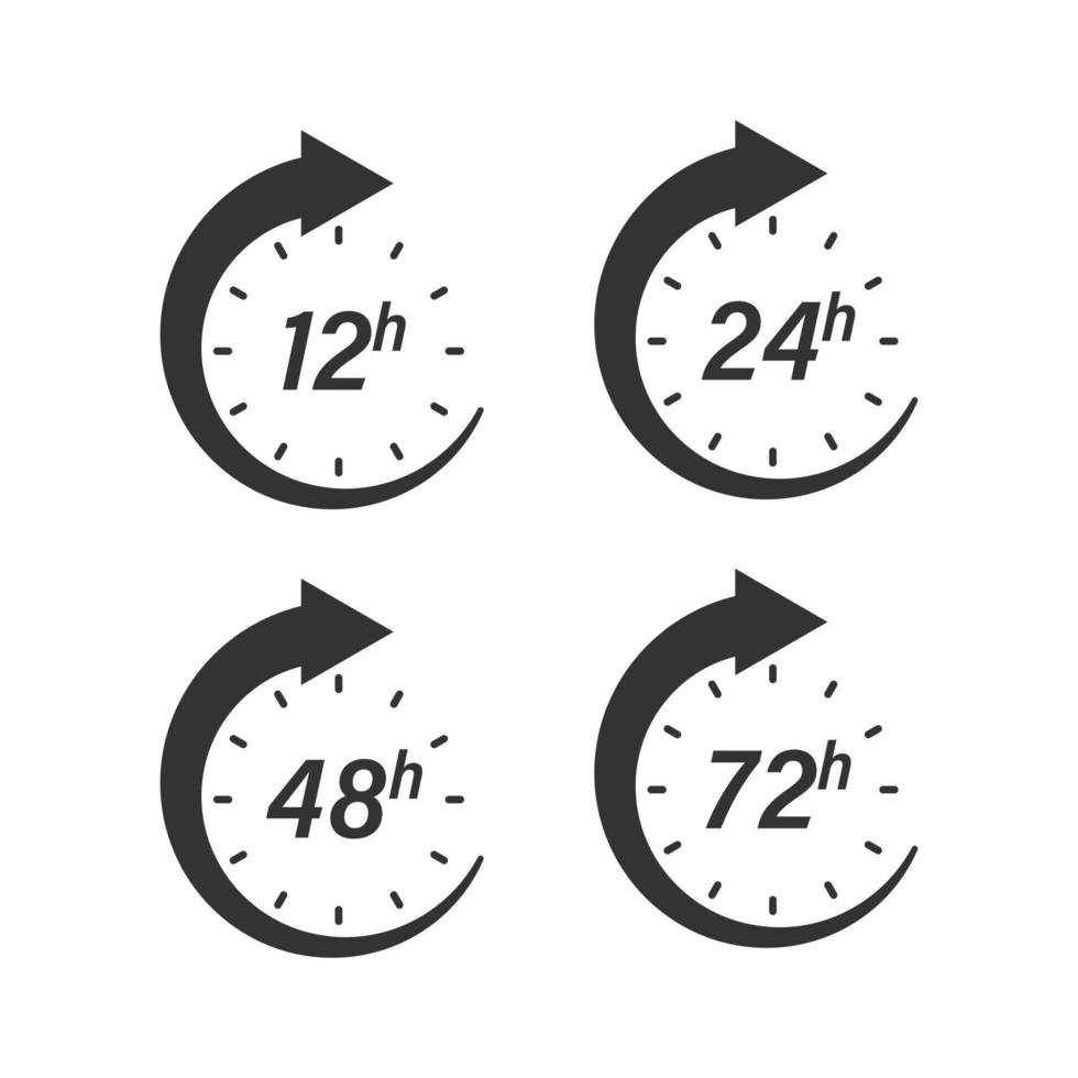 Icono de reloj de 12, 24, 48 y 72 horas en estilo plano. Ilustración de vector de cuenta regresiva de temporizador sobre fondo aislado. concepto de negocio de signo de tiempo de servicio de entrega.