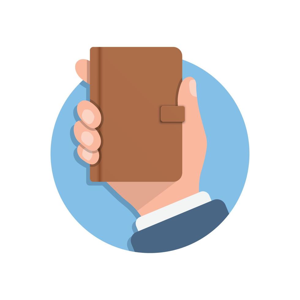 Diary in hand illustration in flat style. Notebook vector illustration on isolated background. Notepad sign business concept.