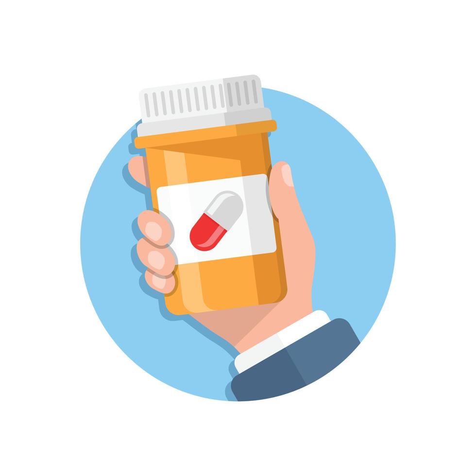 frasco de pastillas en la ilustración de la mano en estilo plano. cápsulas médicas ilustración vectorial sobre fondo blanco aislado. concepto de negocio de signo de farmacia. vector