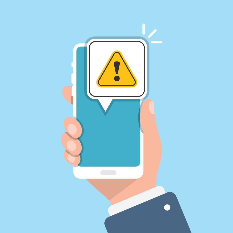Phone notifications icon in flat style. Smartphone with exclamation point in hand vector illustration on isolated background. Spam message sign business concept.