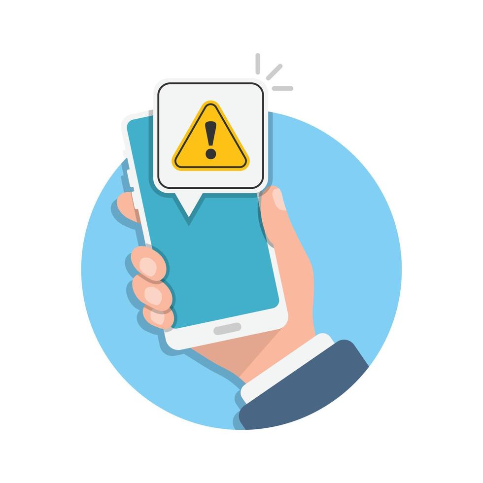 icono de notificaciones telefónicas en estilo plano. smartphone con signo de exclamación en la mano ilustración vectorial sobre fondo aislado. concepto de negocio de signo de mensaje de spam. vector